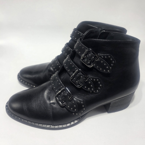 Paul Green Shoes - Paul Green Women’s Black Leather Studded Buckle Ankle Boots Size 5 Block Heel